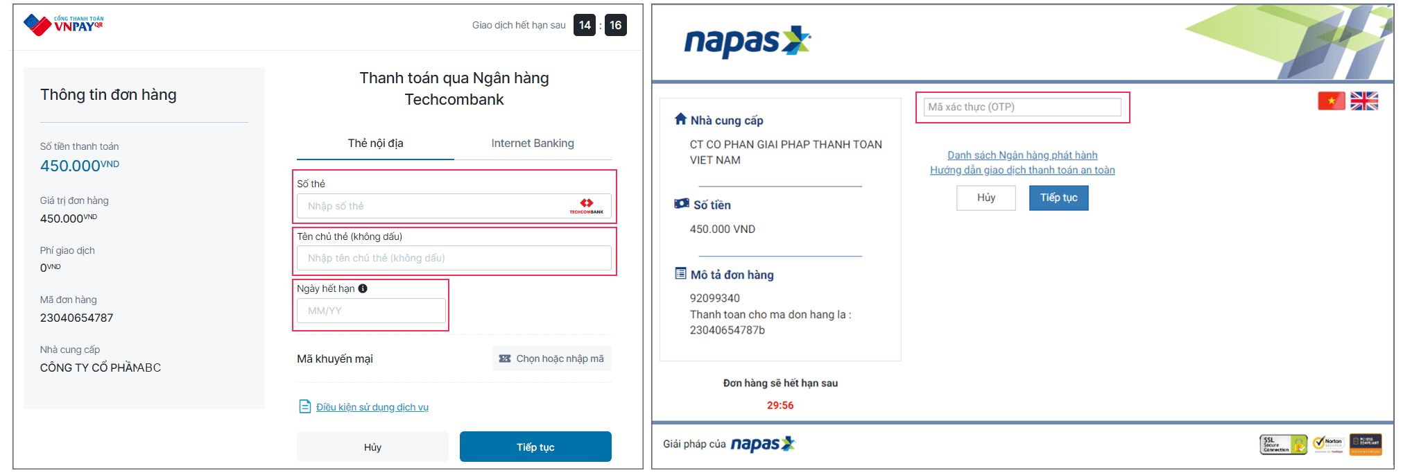 Giao diện thanh toán qua Thẻ nội địa và tài khoản ngân hàng